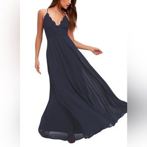 Lulus Madalyn Navy Blue Lace/Chiffon Wedding Formal Maxi Dress XS